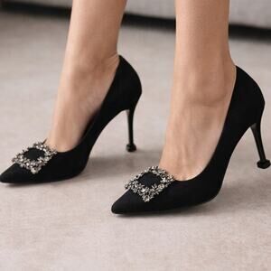 MEI TI MENG Black Embellished Pointed Toe Flared Heel Mengmei Stiletto Pumps